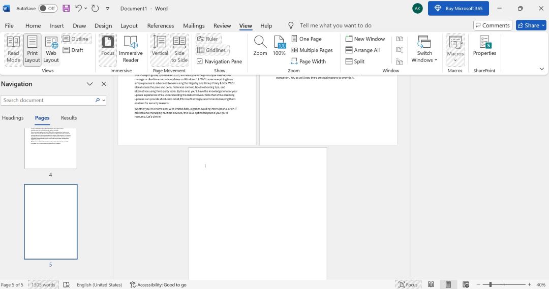 Using the Backspace key to delete a page in Word.